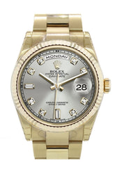 Rolex Day-Date 36 Silver Set With Diamonds Dial Fluted Bezel Yellow Gold Watch 118238